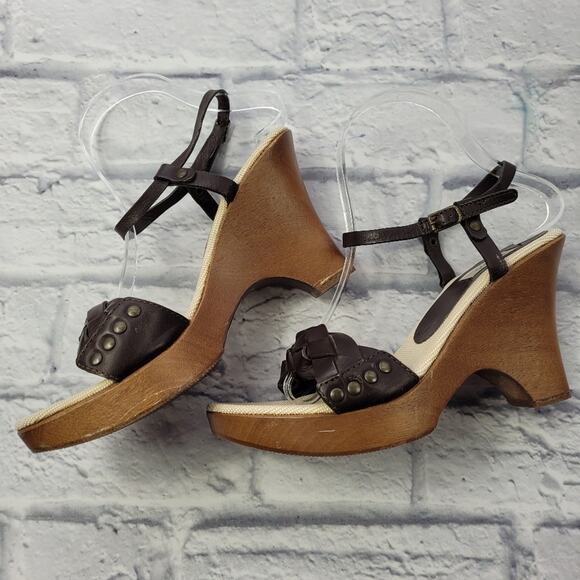 Furla Brown Leather Braided Slingback Studded Platform Sandals size 38 - Picture 3 of 16